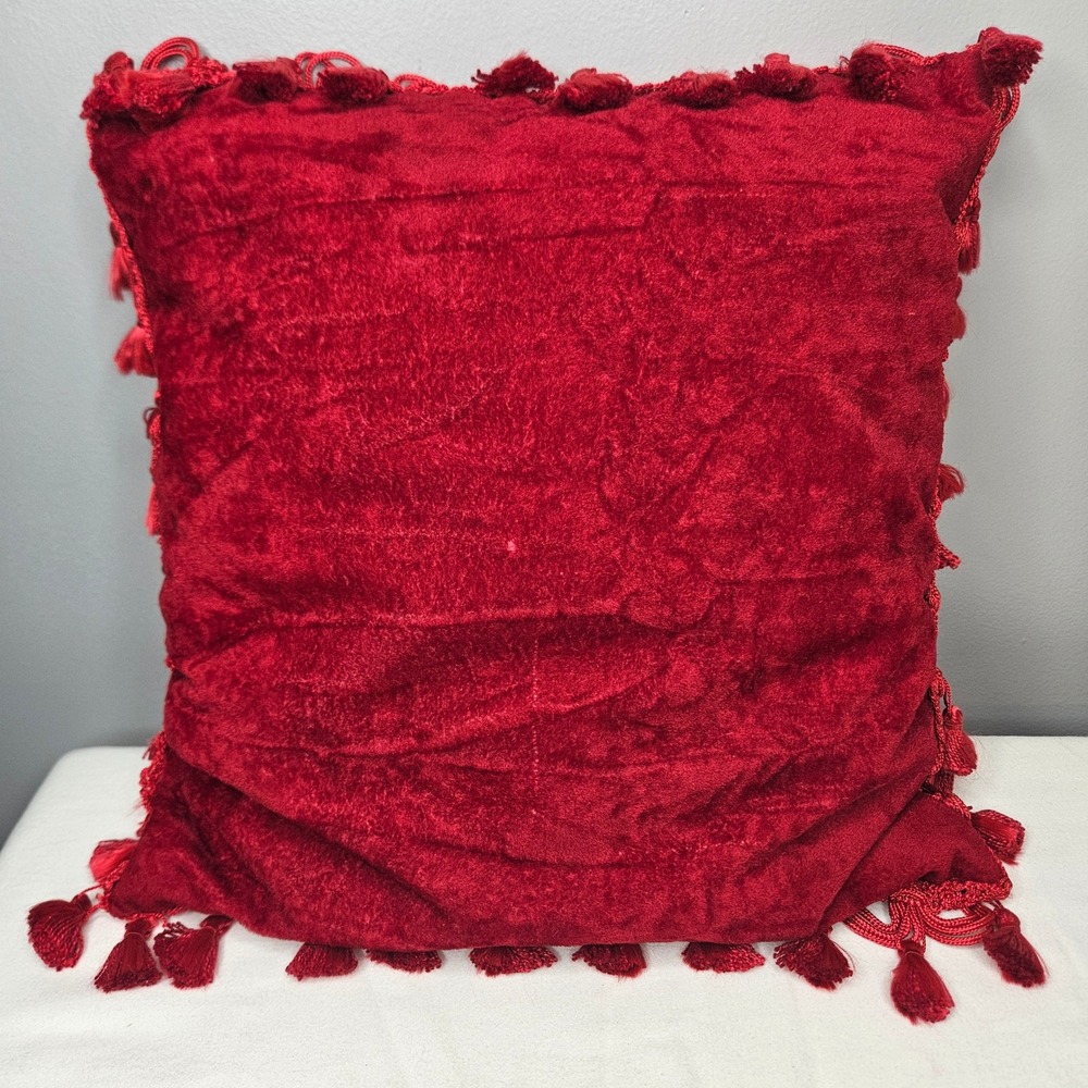 Red Velvet Throw Pillow with Tassel Fringe Trim Square 13x13 Decorative Accent